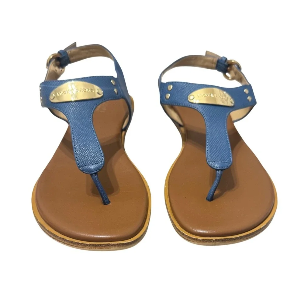 Michael Kors Plate Thong Sandals Women 6M‎ Blue Saffiano Leather Flat Logo